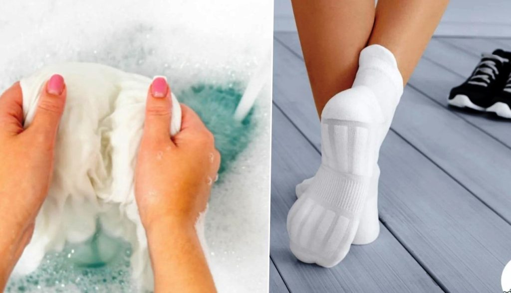 Graue Socken werden wieder strahlend weiß. Dazu müssen Sie lediglich drei Zutaten mischen