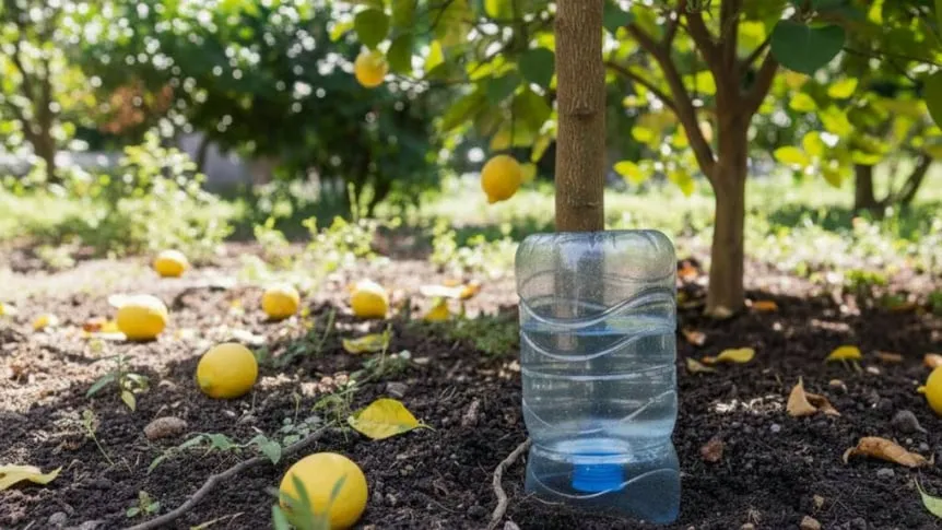 Warum sollte man eine Flasche Wasser am Fuß eines Zitronenbaums aufstellen und welche Vorteile hat das?